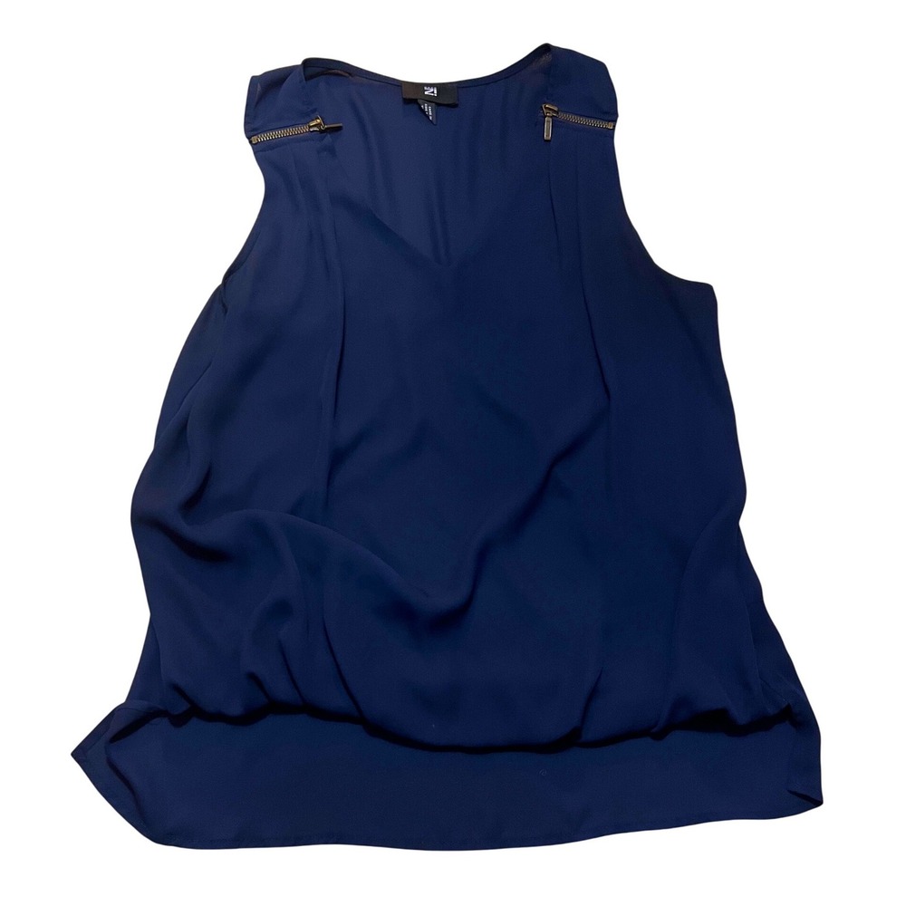 Byer California Navy Blue Sleeveless Blouse V-Neck Gold Zipper Shoulder Accent L